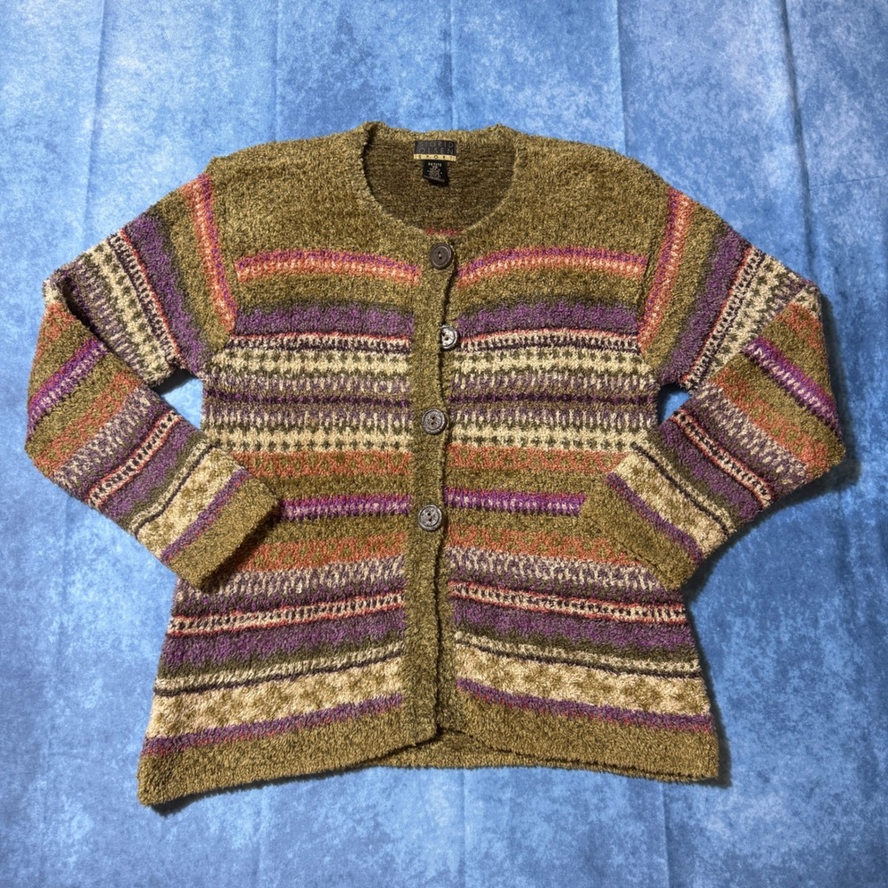 Vintage 90s Sigrid Olsen Sport Fuzzy Cardigan Striped Boho Petite XS